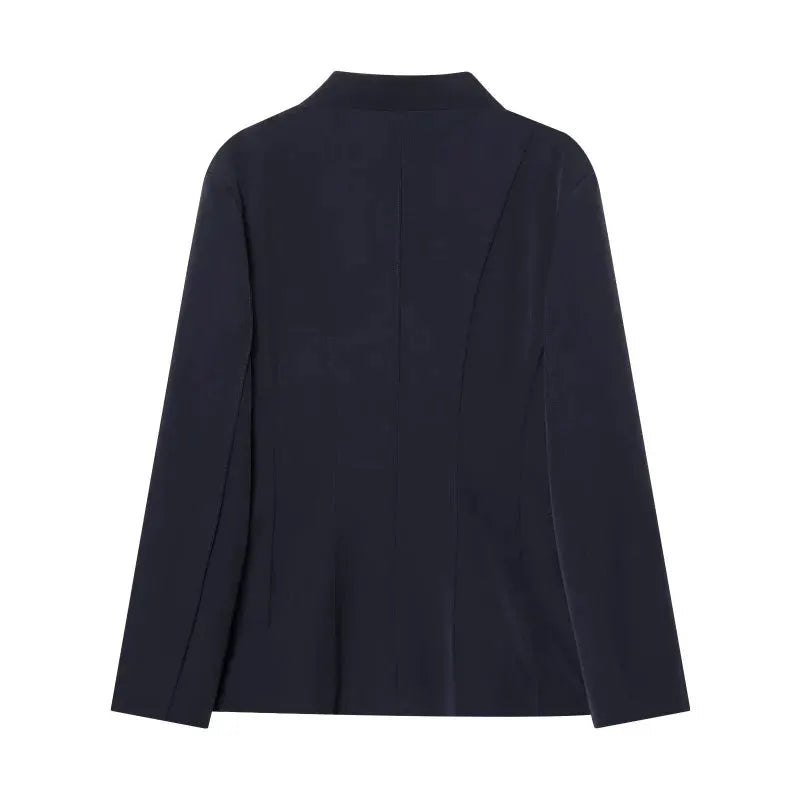 Navy women's blazer jacket, back view, tailored slim fit with long sleeves
