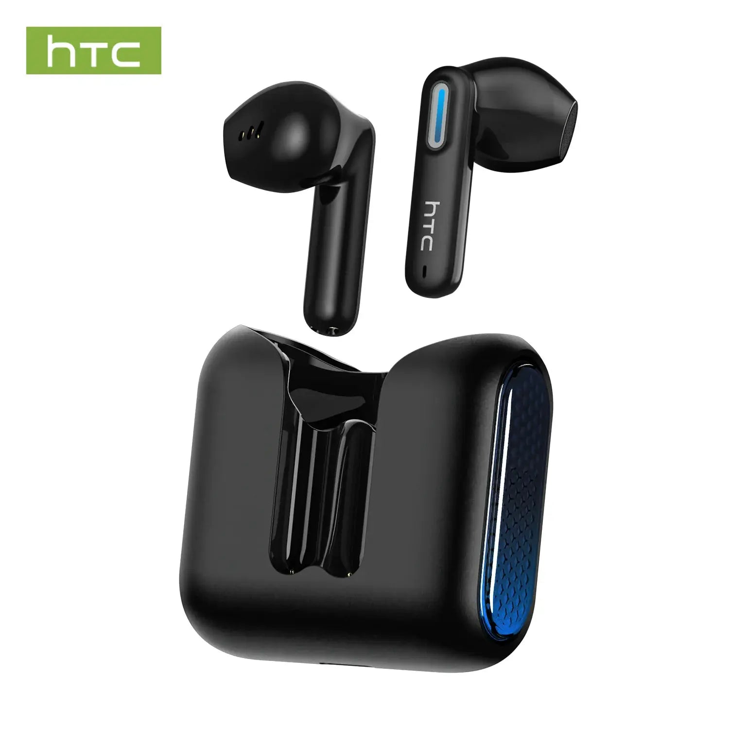 HTC NE49 wireless earbuds with charging case, black with blue accents; includes two earbuds.
