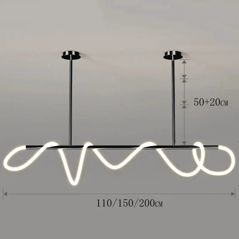 Simples Market Nordic LED pendant chandelier with wavy tubing, black bar, 110/150/200 cm