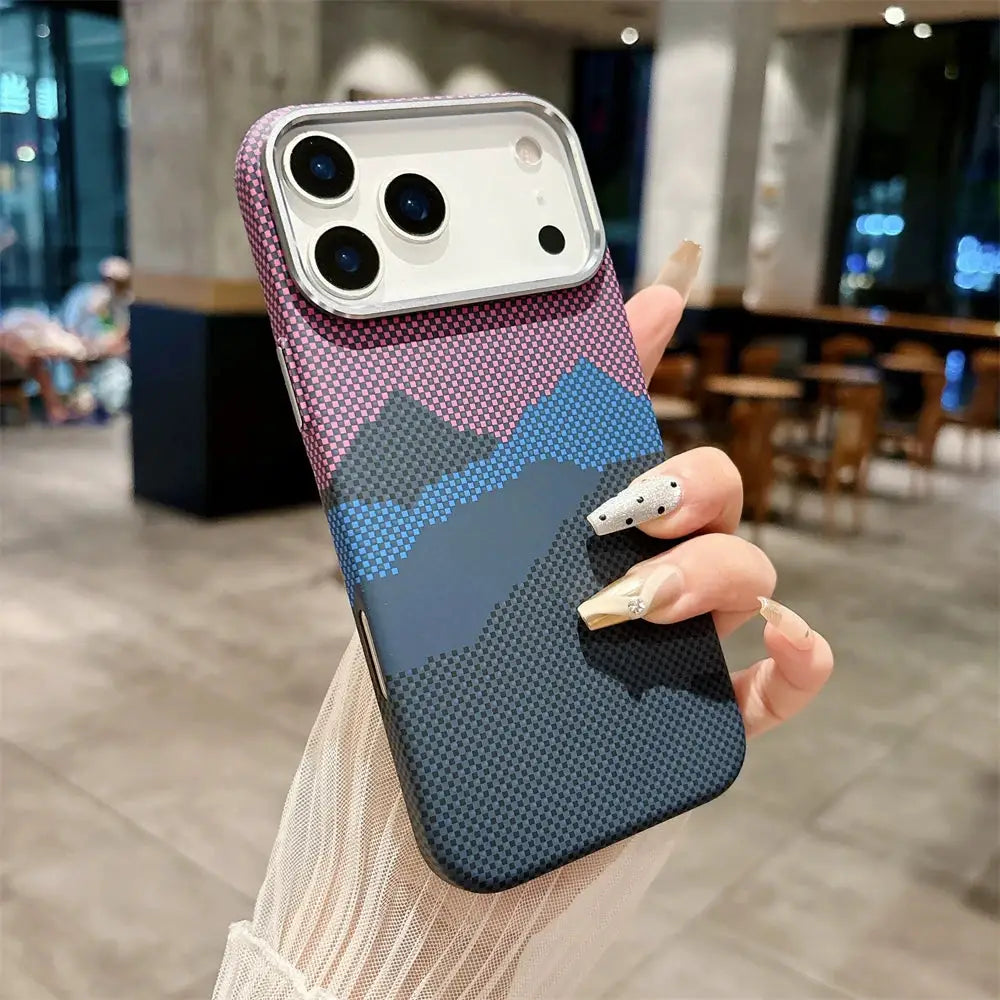 iPhone 17 Pro Max case by Simples Market, Kelvar carbon fiber, colorful mountain pattern