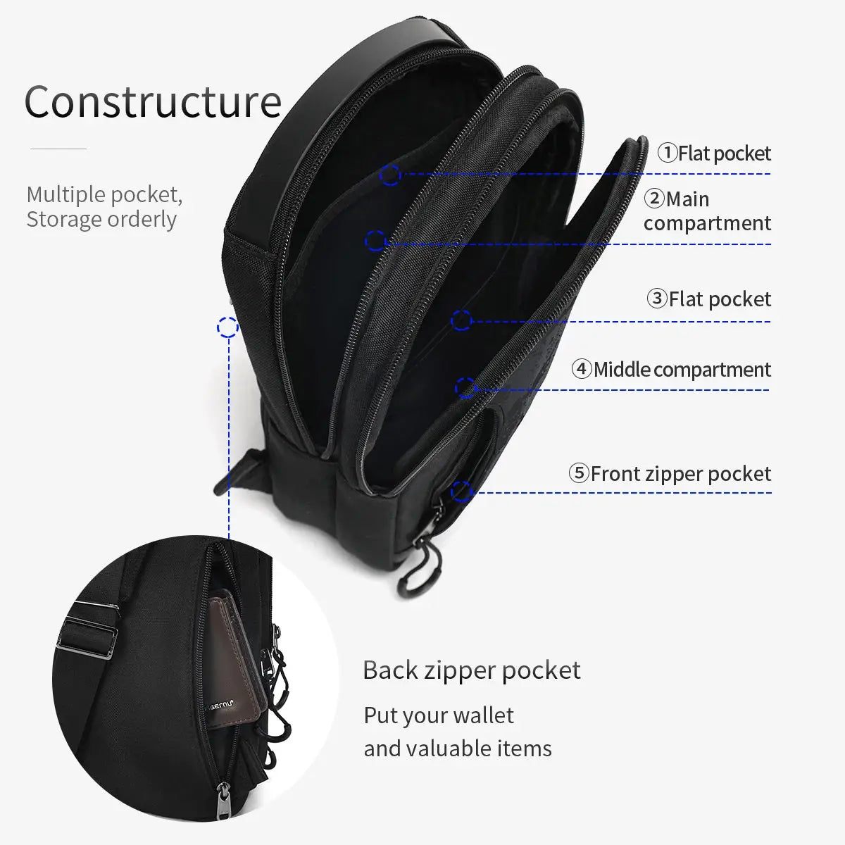 Tigernu black chest bag for men with multiple compartments and front zipper pocket