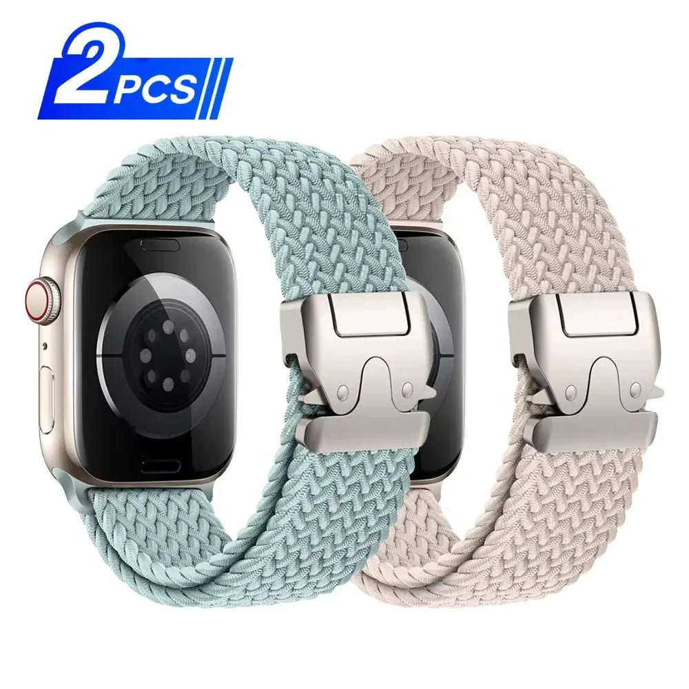 Parachute braided Apple Watch bands, two-pack in blue and beige with metal deployment clasps.