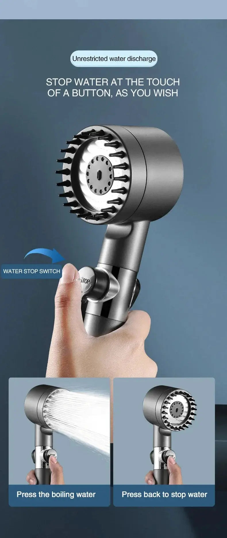 3-Mode adjustable high-pressurized filter handheld shower head with massage brush, metallic finish, Simples Market