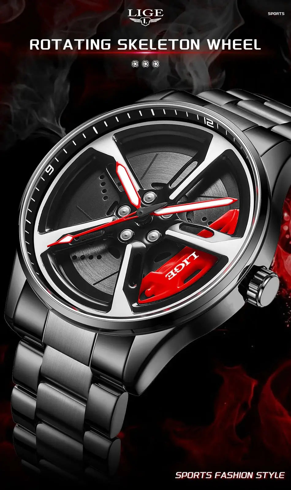 LIGE sport watch with rotating skeleton wheel dial, stainless steel strap, black and red accents, waterproof quartz