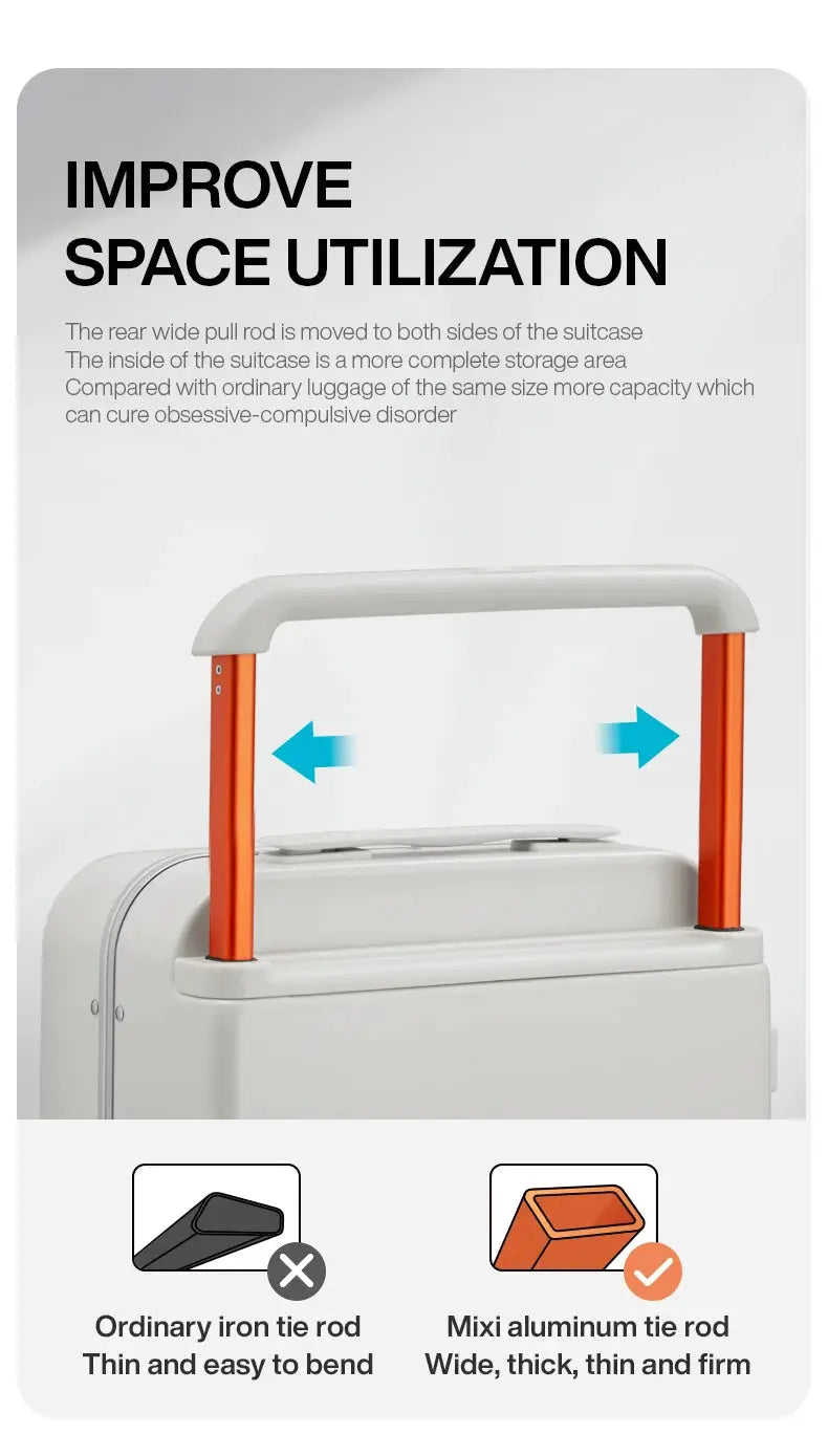 Mixi wide-handle carry-on suitcase by Simples Market, 20-inch cabin case with aluminum frame, white and orange handles
