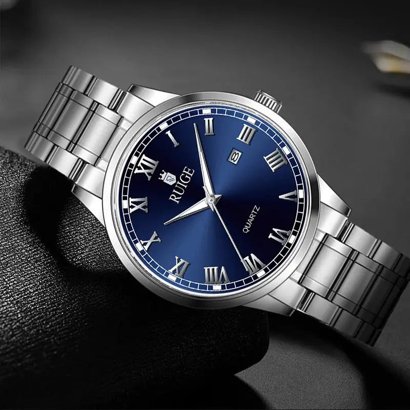 Ruige Mens Watch Minimalist Roman Dial Night Glow Water Resistant Stainless Steel Band