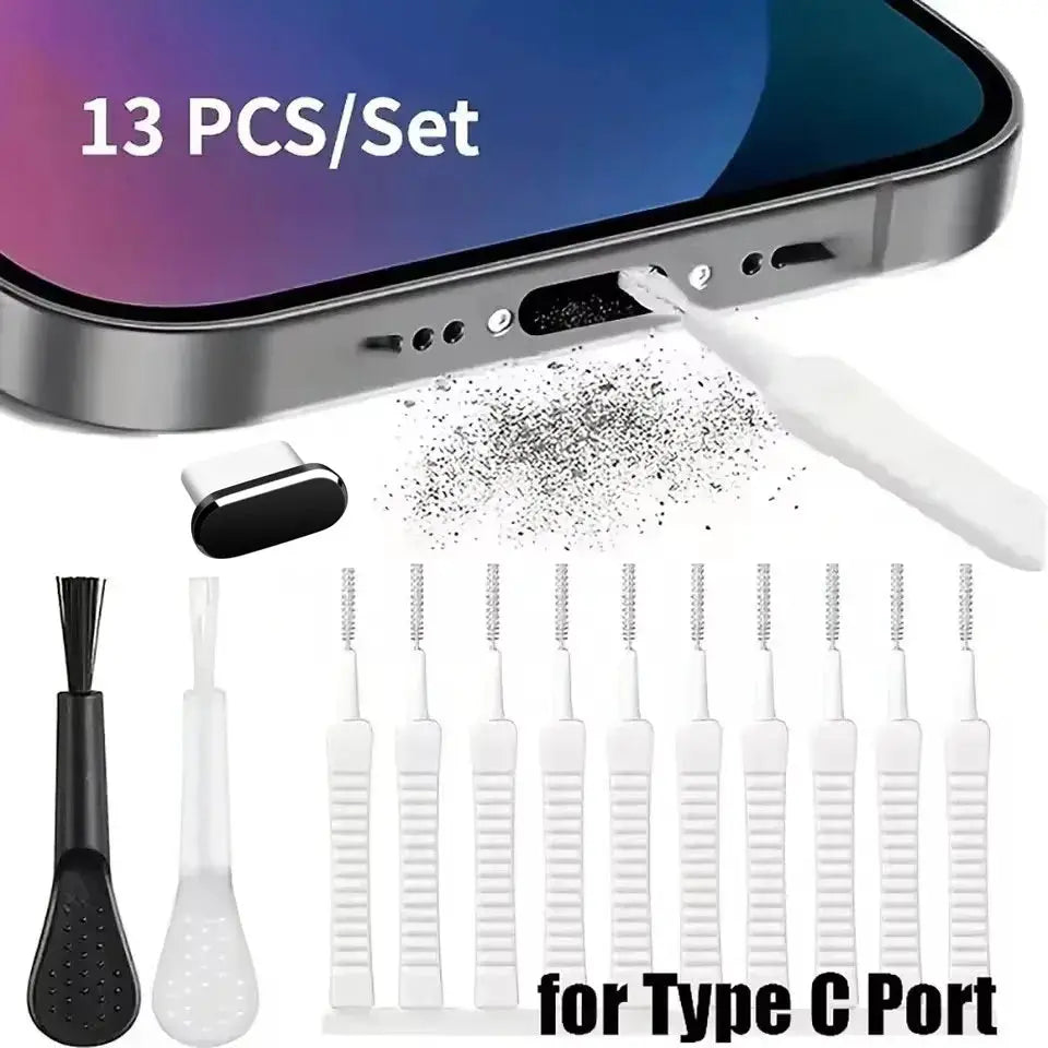 Mobile phone cleaning kit, 13-piece set with white tools and brushes for phone ports and earphones, Type-C compatible.
