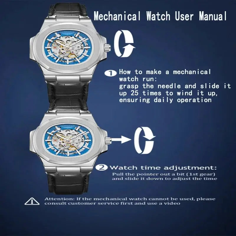 Men's skeleton automatic watch by Simples Market with blue inner dial, silver case, black leather strap (2 watches)