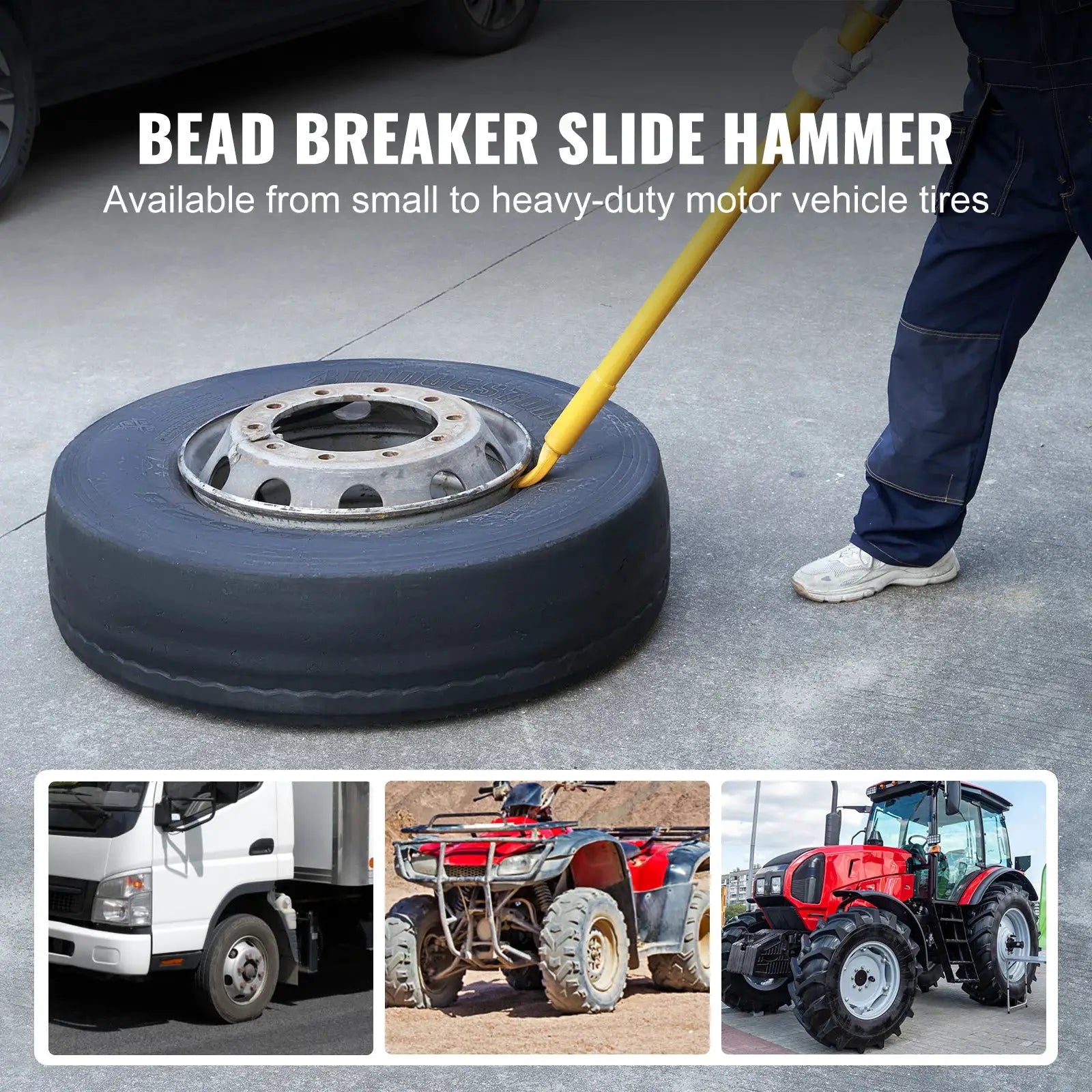Tire bead breaker slide hammer, yellow steel shaft, heavy-duty for car, truck and trailer tires