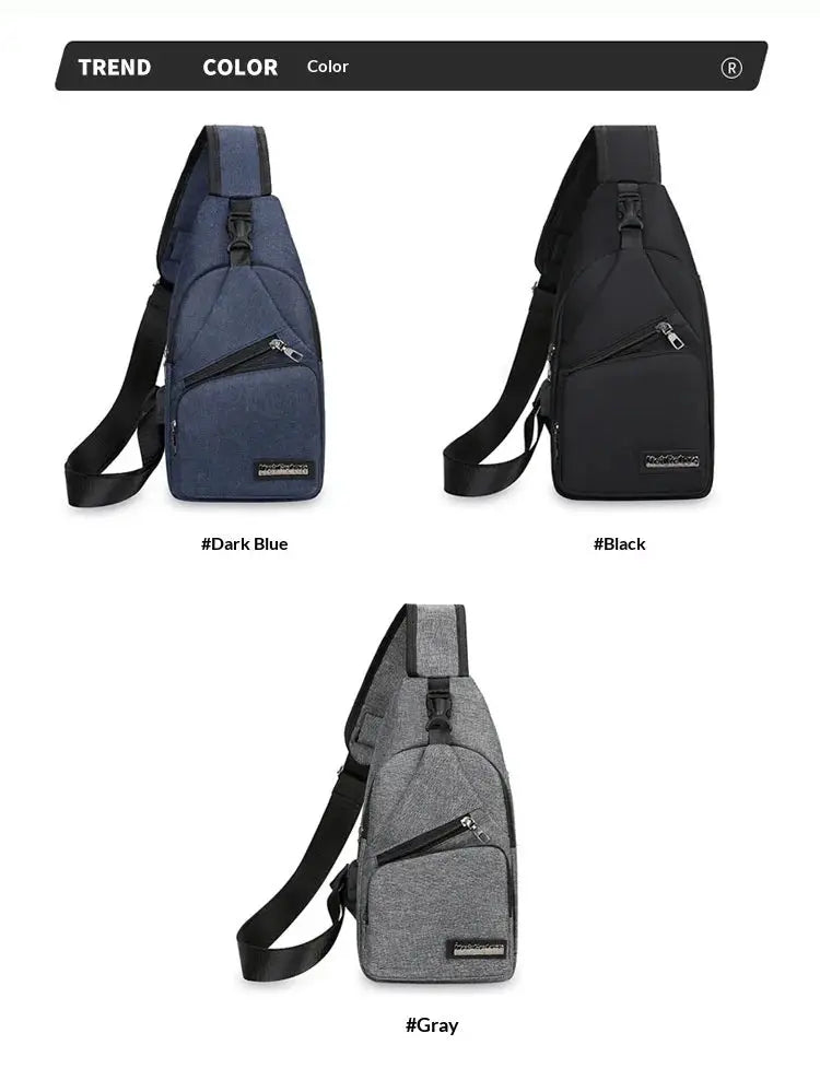 Men's chest bag crossbody in canvas; adjustable strap, by Simples Market, three color options: dark blue, black, gray