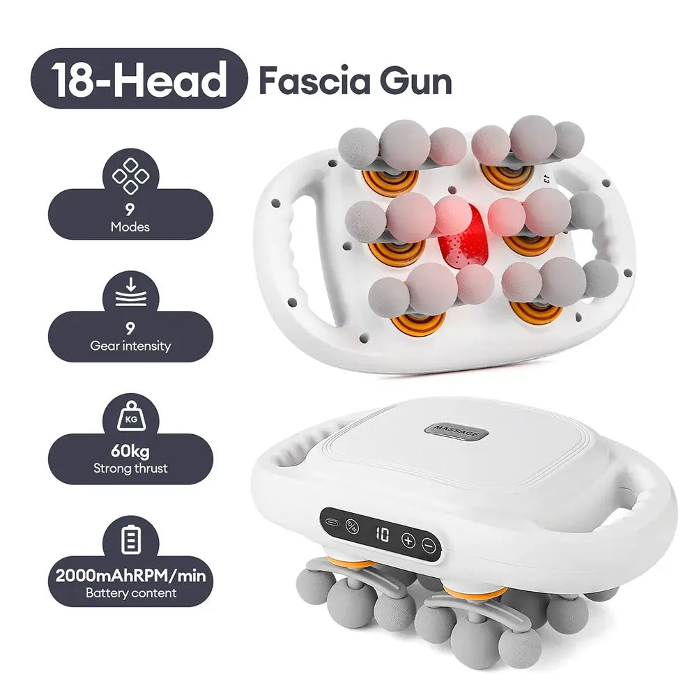 18-Head fascia gun white massage device with digital display and grey massage heads