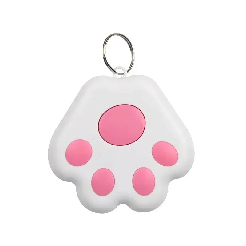 Mini paw-shaped pet GPS tracker, white with pink paw pads, keyring attachment, by Simples Market