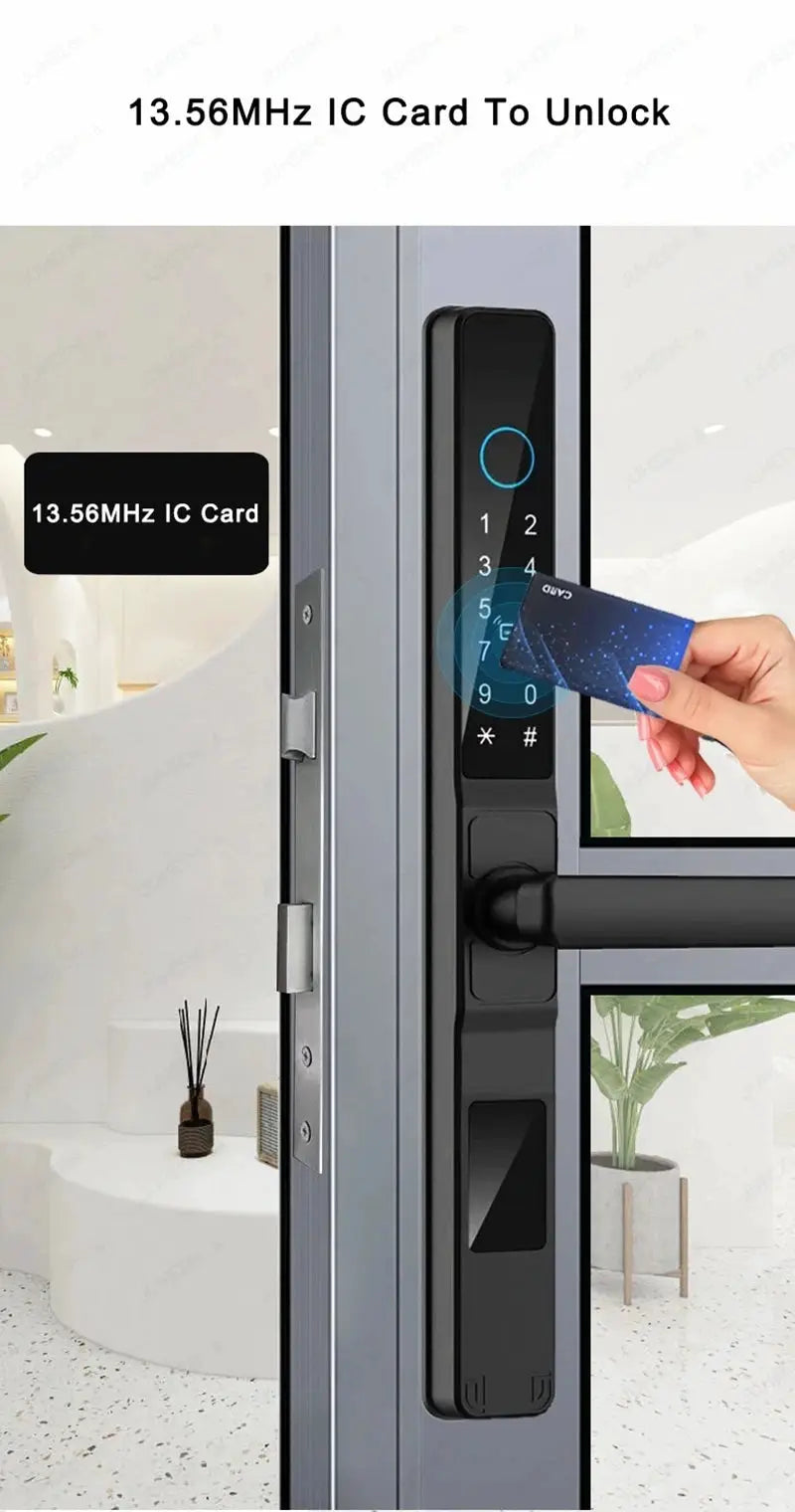 Waterproof sliding door smart lock with black touchscreen keypad, fingerprint sensor and RFID card