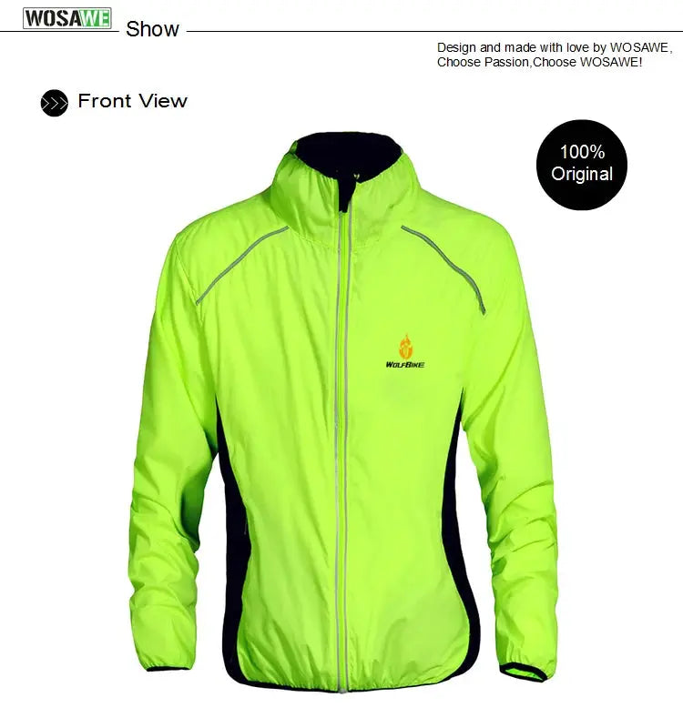 WOSAWE men's windproof, water-repellent cycling jacket in neon lime with black side panels and reflective trim.