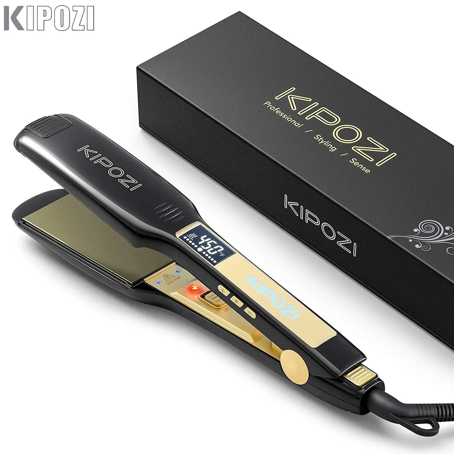 KIPOZI titanium flat iron hair straightener with digital LCD display in black