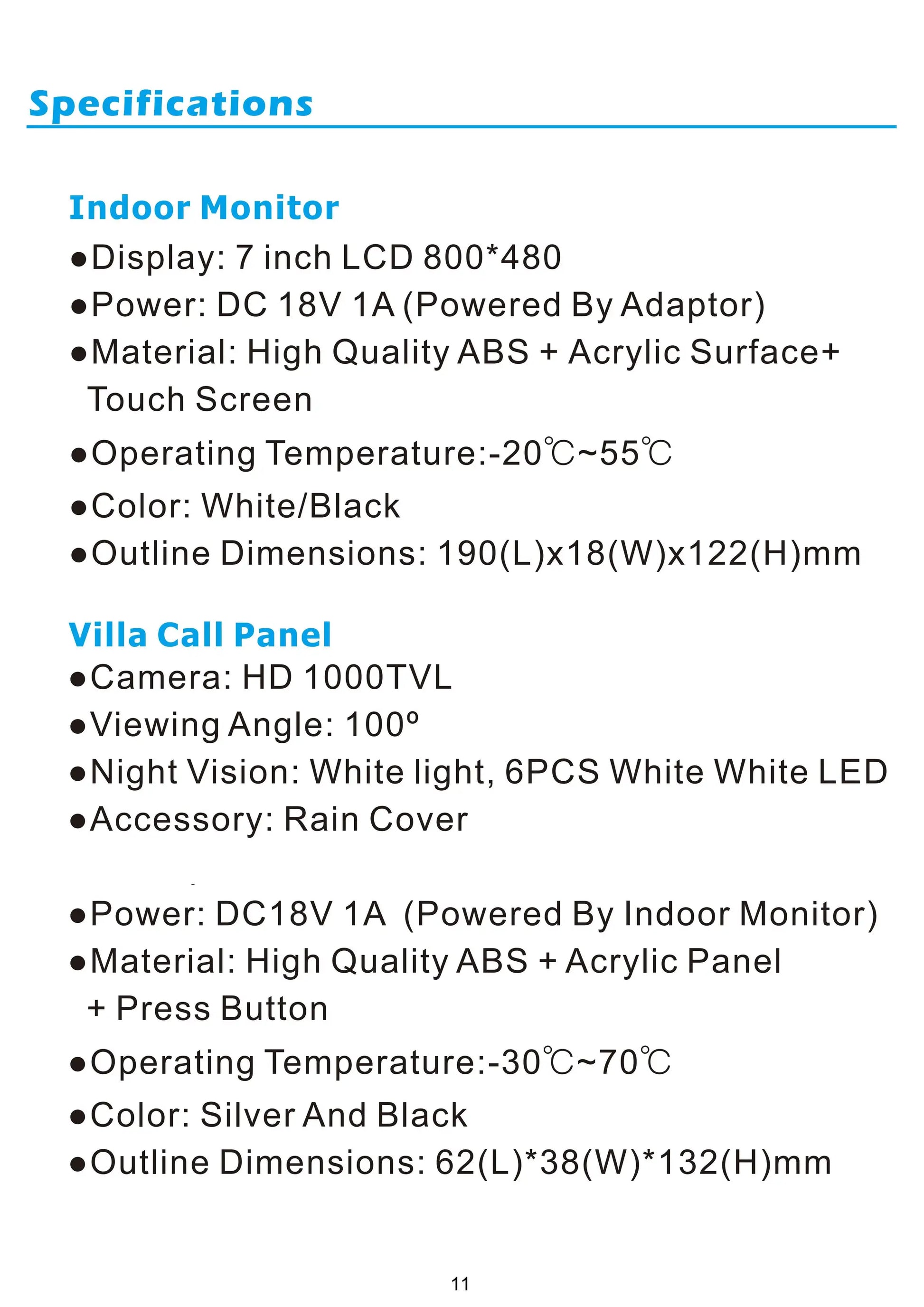 Simples Market 7-inch indoor monitor video intercom specs: 7” LCD 800x480; ABS + acrylic panel; white/black; 190×18×122 mm