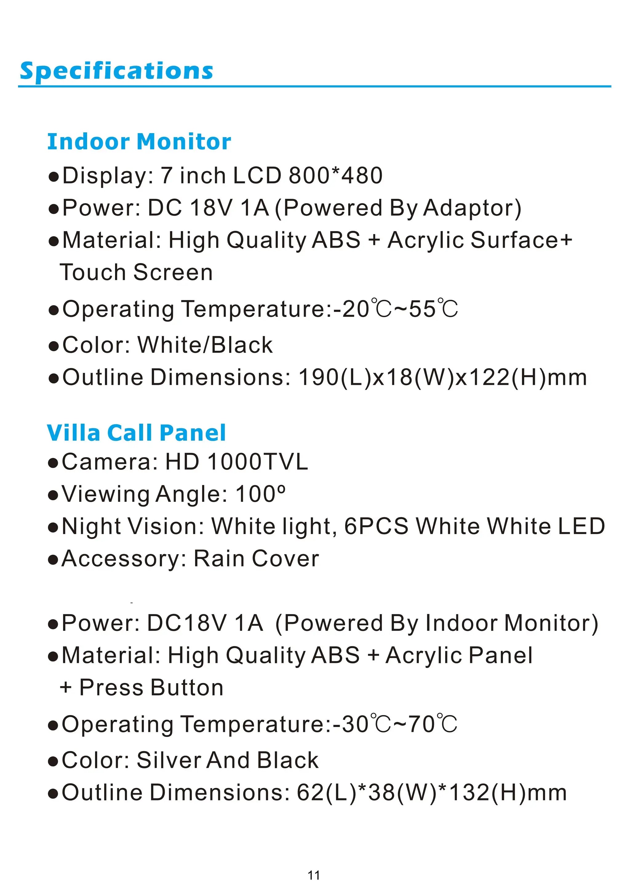 Simples Market 7-inch indoor monitor video intercom specs: 7” LCD 800x480; ABS + acrylic panel; white/black; 190×18×122 mm
