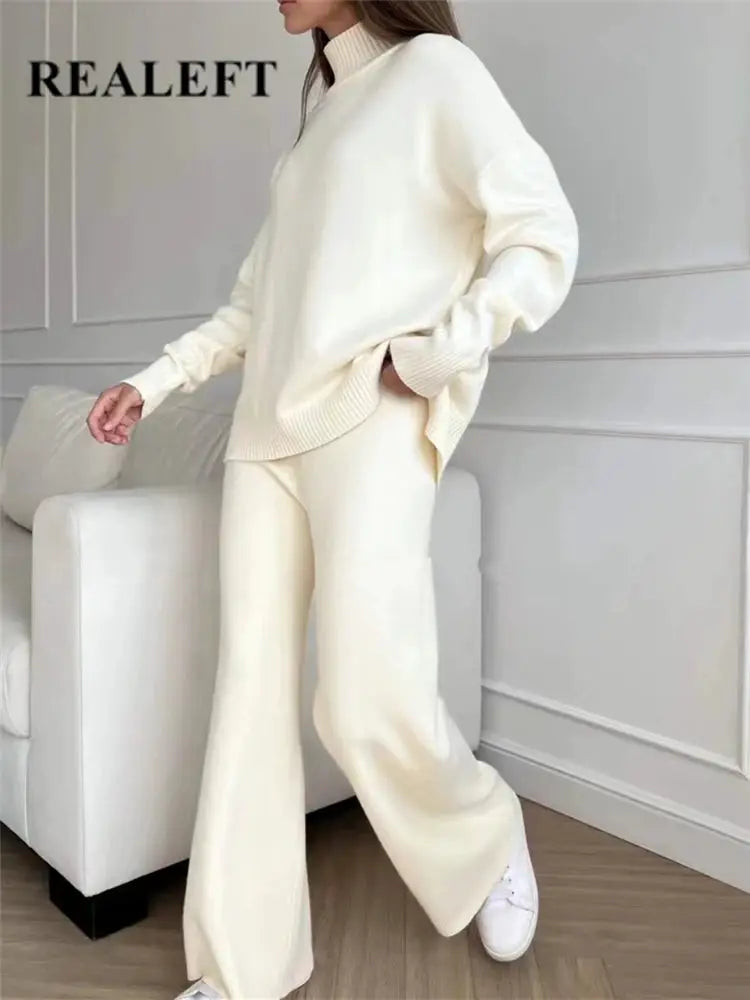 CozyNest Autumn Winter Two Piece Knitted Tracksuit Set With Turtleneck Sweater And Wide Leg Joggers For Women