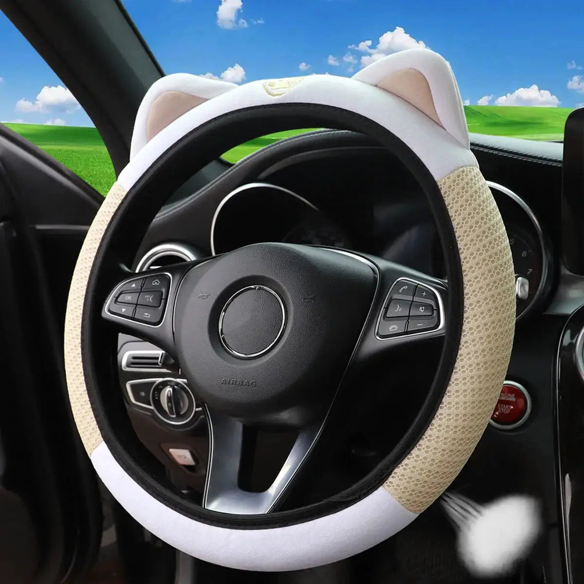 Kitten-ear steering wheel cover, breathable beige mesh, fits 14.5–15 inch, Simples Market