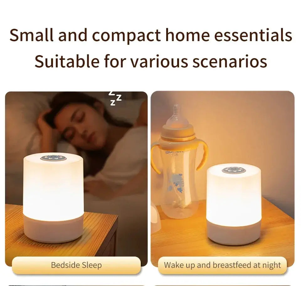 Bedside LED touch night light; rechargeable, dimmable, white frosted shade, two lamps on wooden nightstands