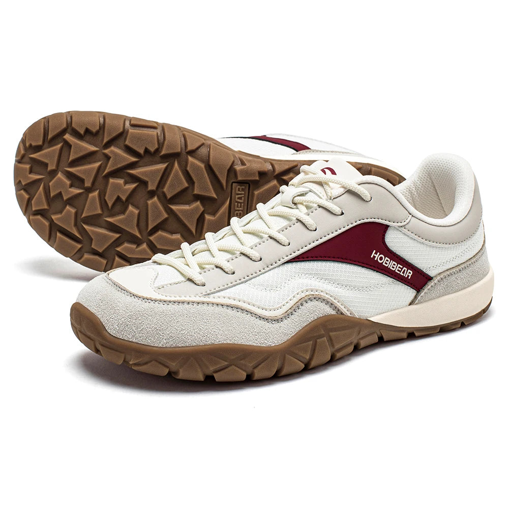 HOBIBEAR wide-width hiking shoe, white/cream with maroon side panel and gum sole; lace-up trekking sneaker