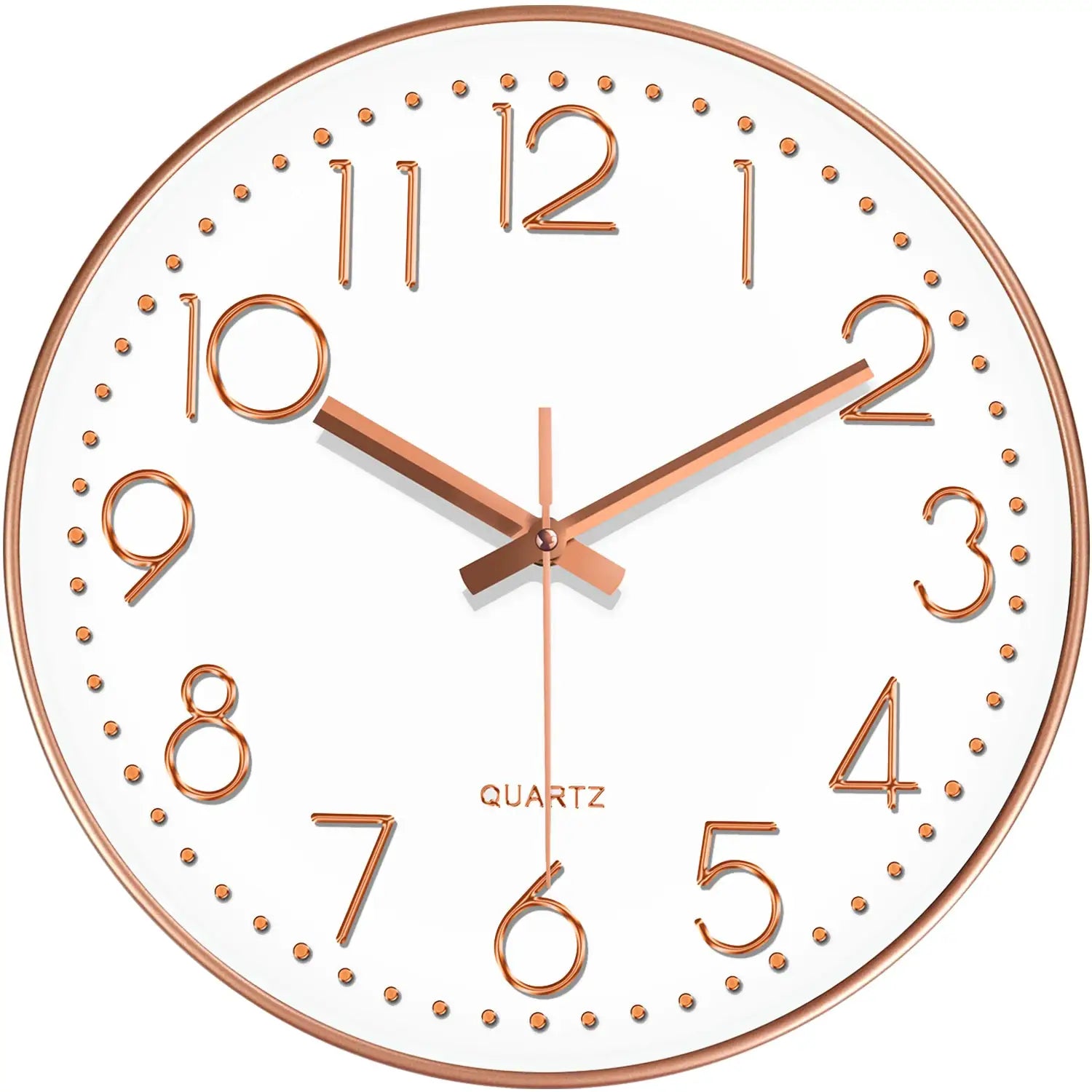 Modern minimalist wall clock with rose-gold frame and 3D copper numerals on white tempered glass, quartz movement