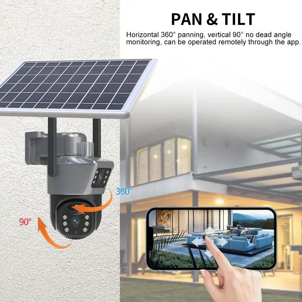 Simples Market 8MP 4K solar-powered WiFi CCTV camera; outdoor PTZ dual-lens surveillance system
