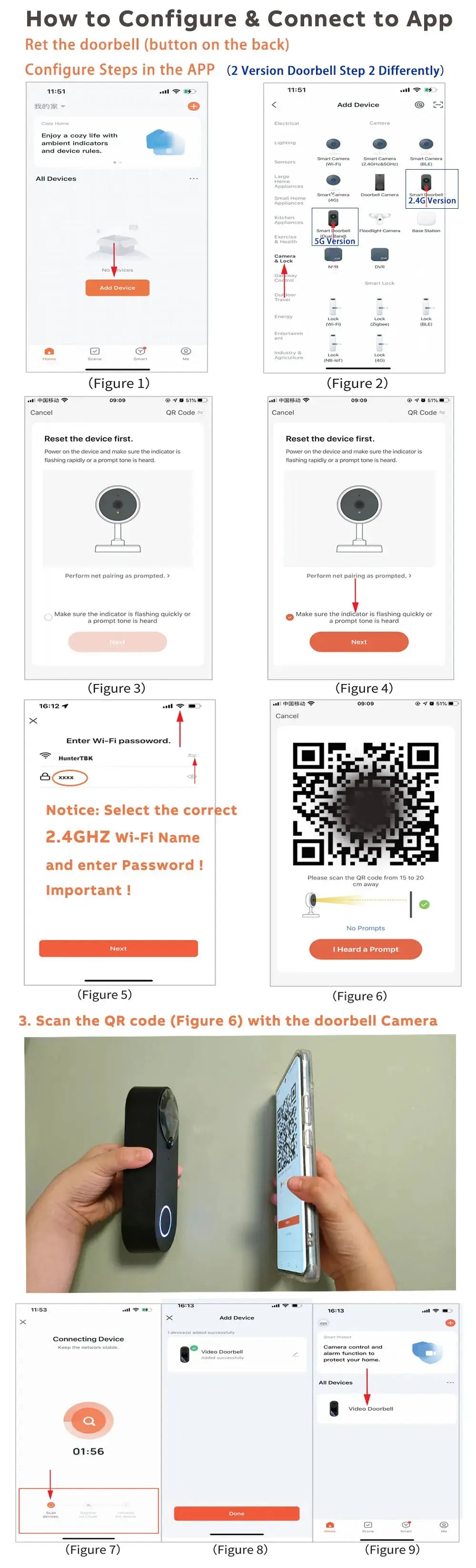 1080P wireless video doorbell camera by Simples Market with WiFi setup guide and QR code