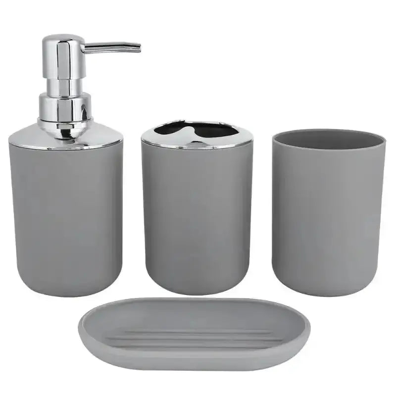Gray plastic 4-piece bathroom set with chrome accents: soap dispenser, toothbrush holder, toothbrush cup, soap dish
