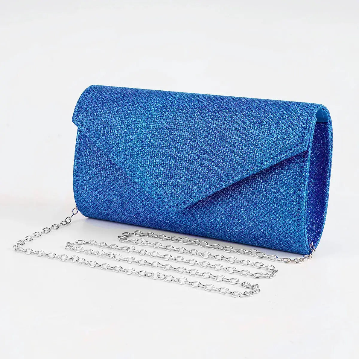 Blue glitter envelope evening bag with silver chain shoulder strap