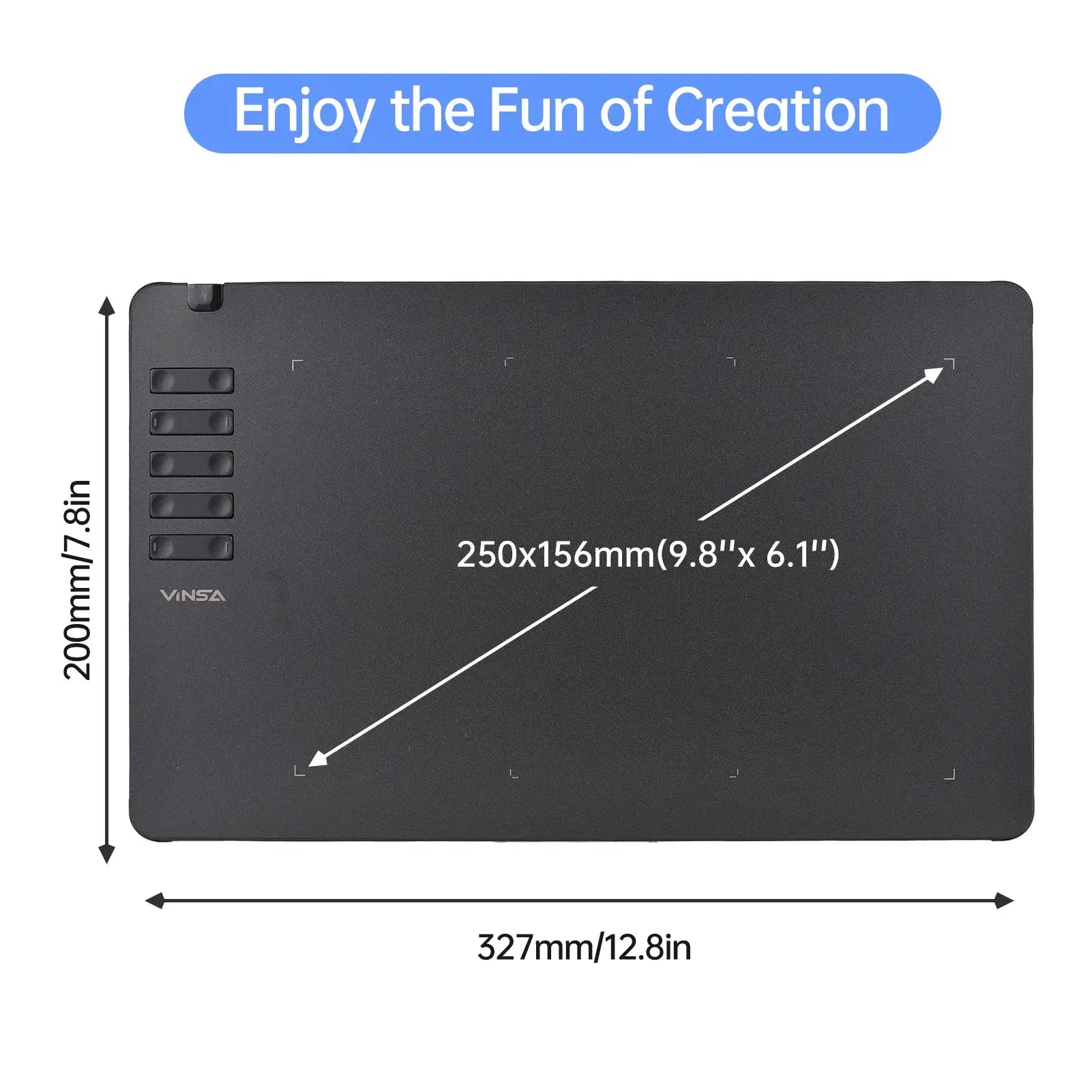 VINSA T1161 graphics drawing tablet, black ultra-thin with left-side function keys, 250x156mm drawing area