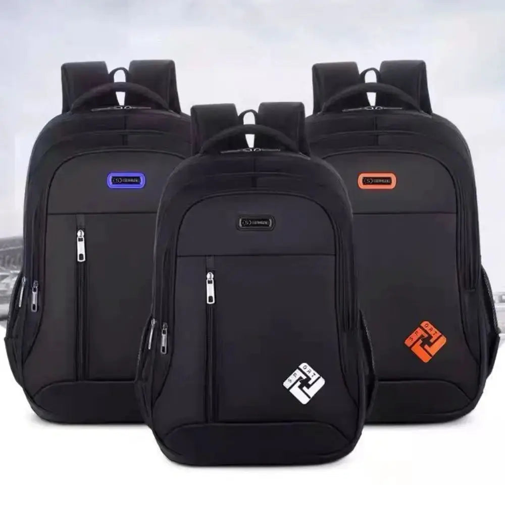 Simples Market men's black waterproof backpack set; three sizes with blue and orange logo accents