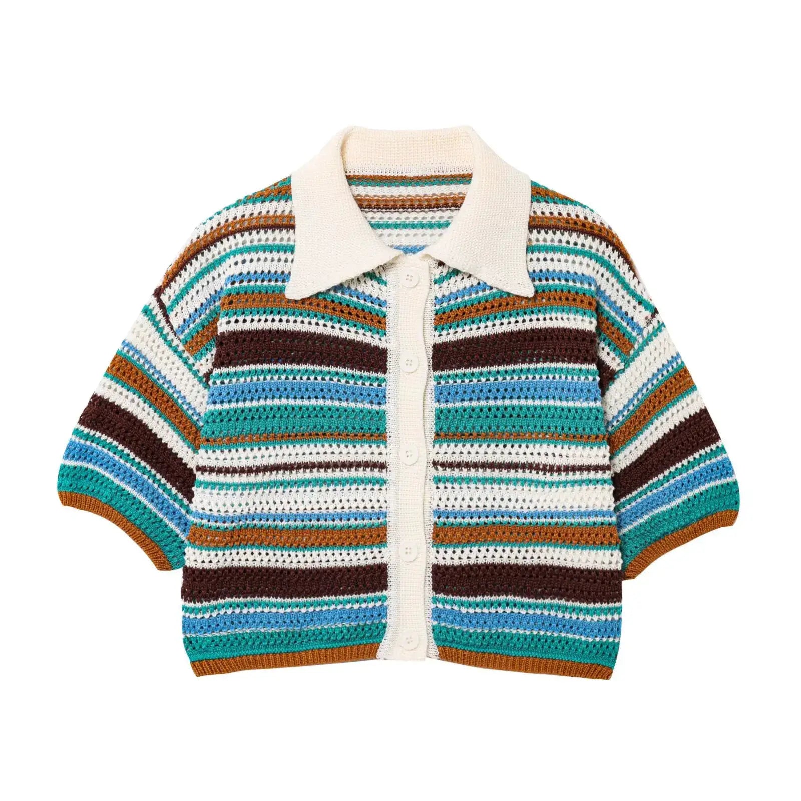 Women Patchwork Striped Crochet Knit Set Polo Collar Shorts Y2K Style