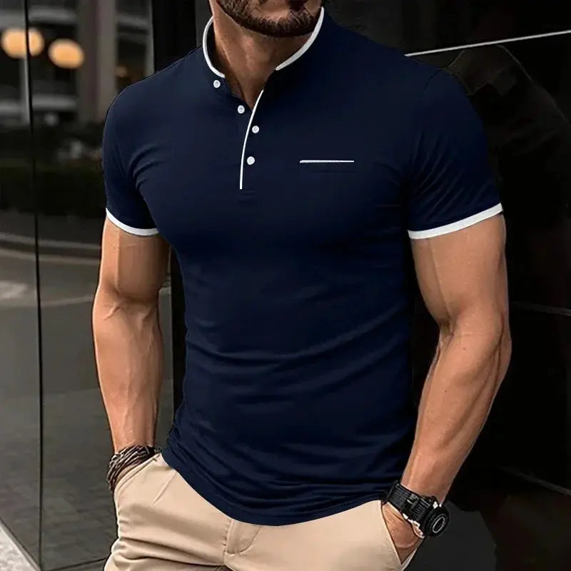 Simples Market men's navy short-sleeve polo shirt with white stand-up collar and sleeve trim