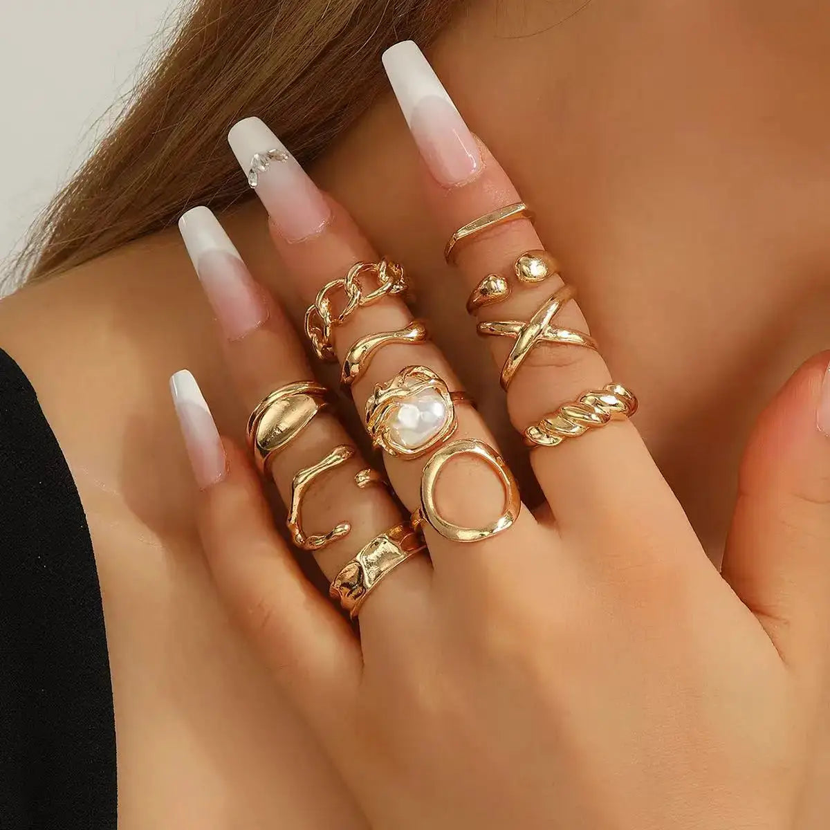 Retro Geometric Pearl Ring Set For Women With Gold Plating Opening Flower Rings Gift
