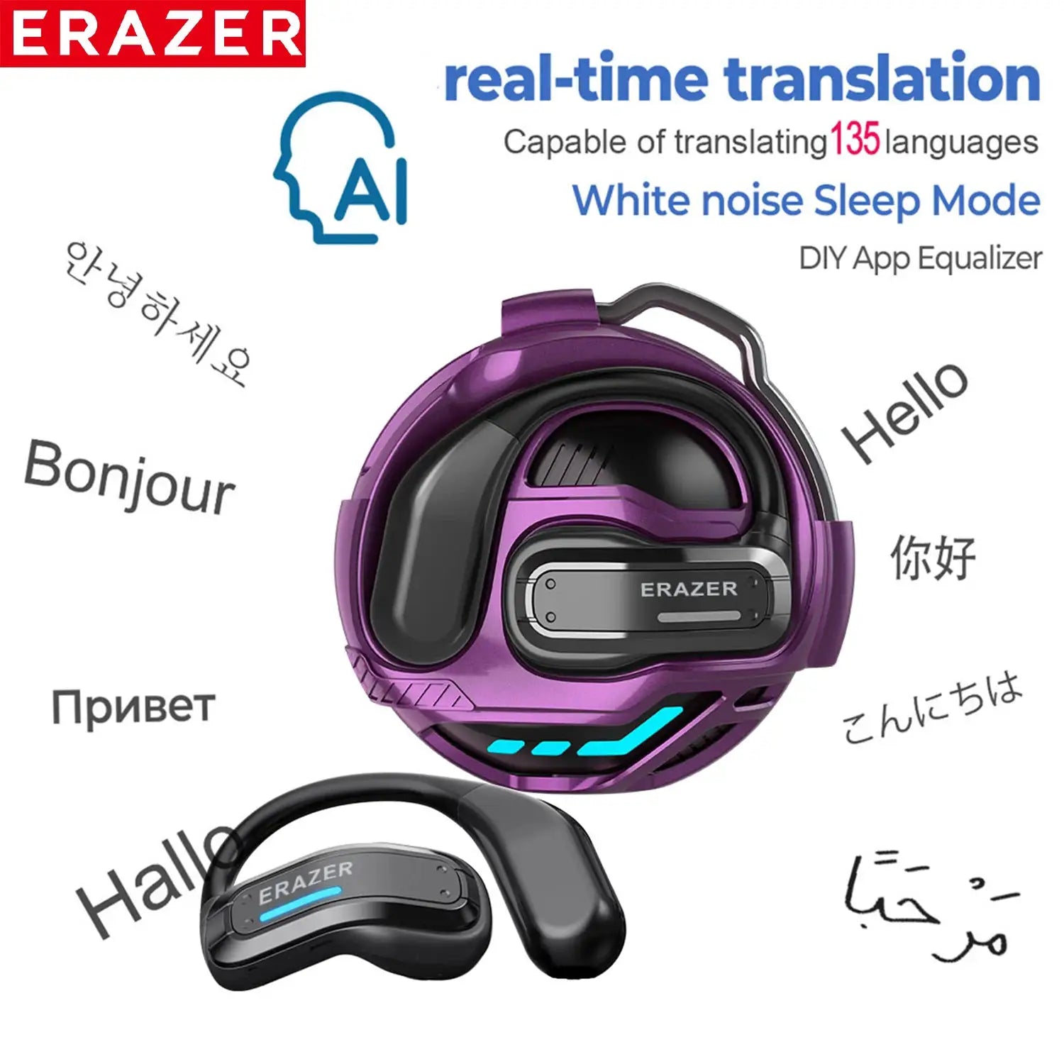 ERAZER X8 AI Translator Earbuds, purple wireless headphones with mic, Bluetooth 5.4, low latency, waterproof