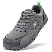 HOBIBEAR unisex wide-toe sneakers, gray mesh upper with lime green accents, lace-up walking shoes