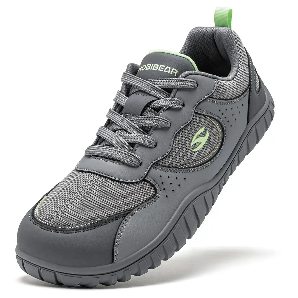 HOBIBEAR unisex wide-toe sneakers, gray mesh upper with lime green accents, lace-up walking shoes
