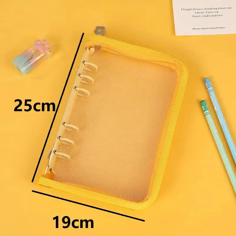 Yellow transparent A5 binder with six rings and macaron-style cover.