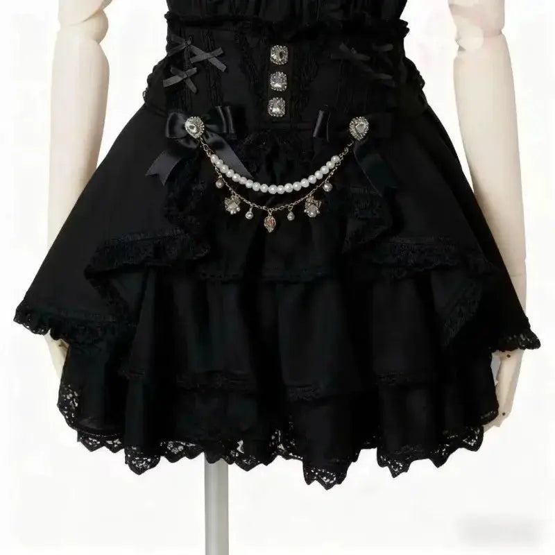 Simples Market black Lolita-style layered lace skirt with ruffles and a pearl charm belt