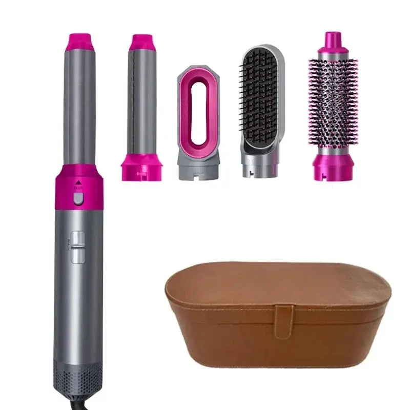 Simples Market 5-in-1 hair dryer brush set with 5 pink and gray attachments and brown carrying case