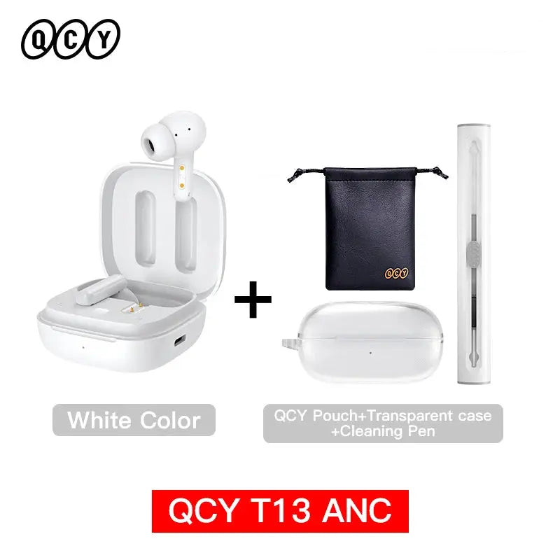 QCY T13 ANC wireless earphones with white charging case, plus black pouch, transparent case, and cleaning pen.