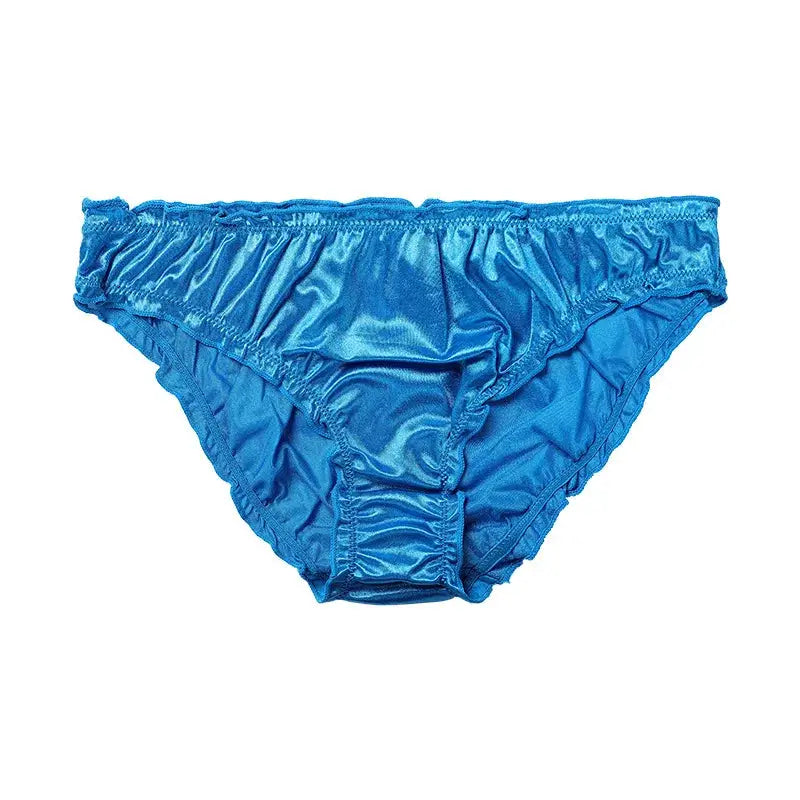 Blue satin low-waist panties with gathered sides, breathable and stretchy undergarment.