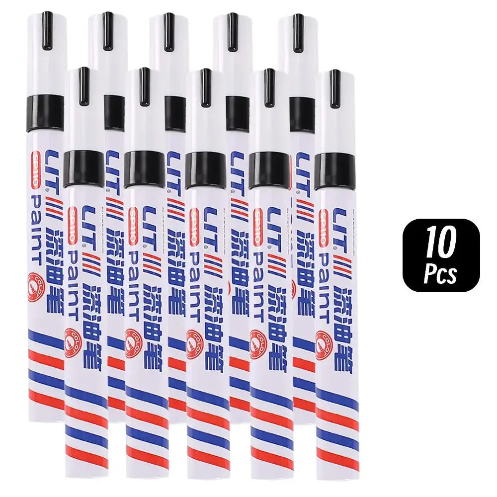 10-pack white 3mm permanent paint markers with black caps; white bodies with red-blue stripes, waterproof for rubber, fabric, metal