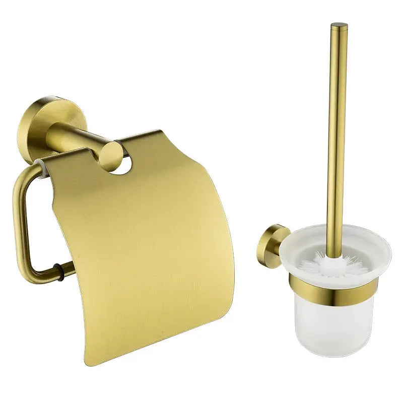 Two-piece brushed-gold bathroom hardware set with wall-mounted robe hook and toilet brush holder