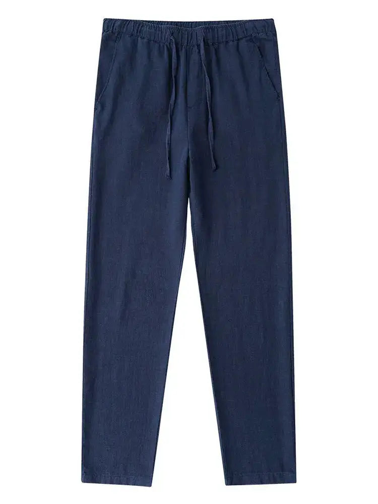 Men's navy cotton-linen chino pants, lightweight baggy wide-leg with drawstring waist