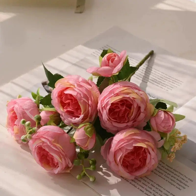 30cm Rose Pink Silk Peony Bouquet With Five Large Heads And Four Buds For Wedding And Home Decor Artificial Flower