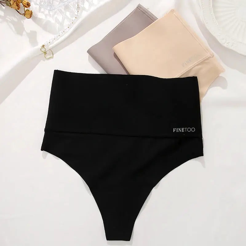 Seamless high-waist thong underwear in black with hip-lift design, Finetoo branding; beige and taupe options visible.