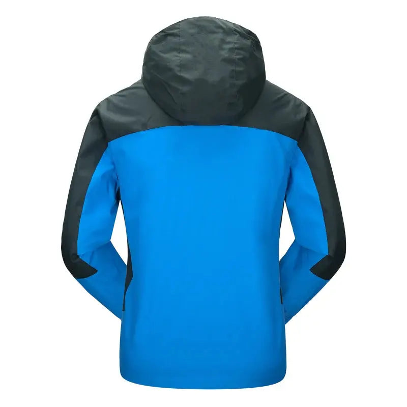 TRVLWEGO men's outdoor jacket in blue with dark gray hood and sleeves; waterproof windbreaker
