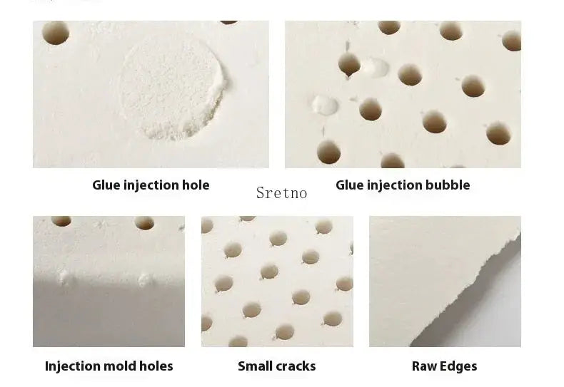 Simples Market natural latex cushion, 50x50, foam close-ups show glue injection holes, mold holes, cracks.